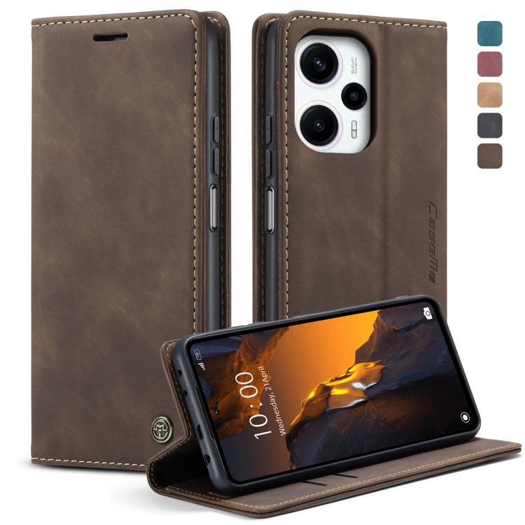 Coffee brown leather flip phone case with front cover, camera cutout, and stand