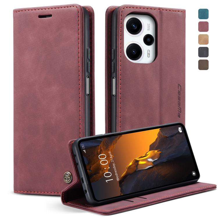 Rose pink leather flip phone case with front cover, camera cutout, and stand
