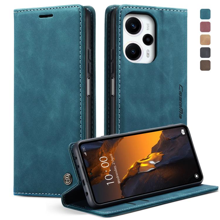 Teal blue leather flip phone case with front cover, camera cutout, and stand