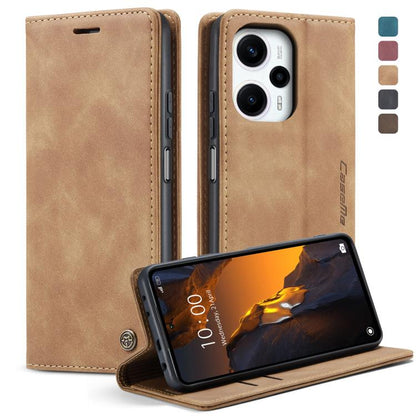 Light tan leather flip phone case with front cover, camera cutout, and stand
