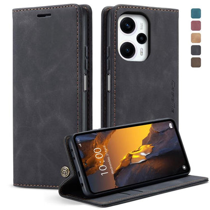 Dark charcoal leather flip phone case with front cover, camera cutout, and stand