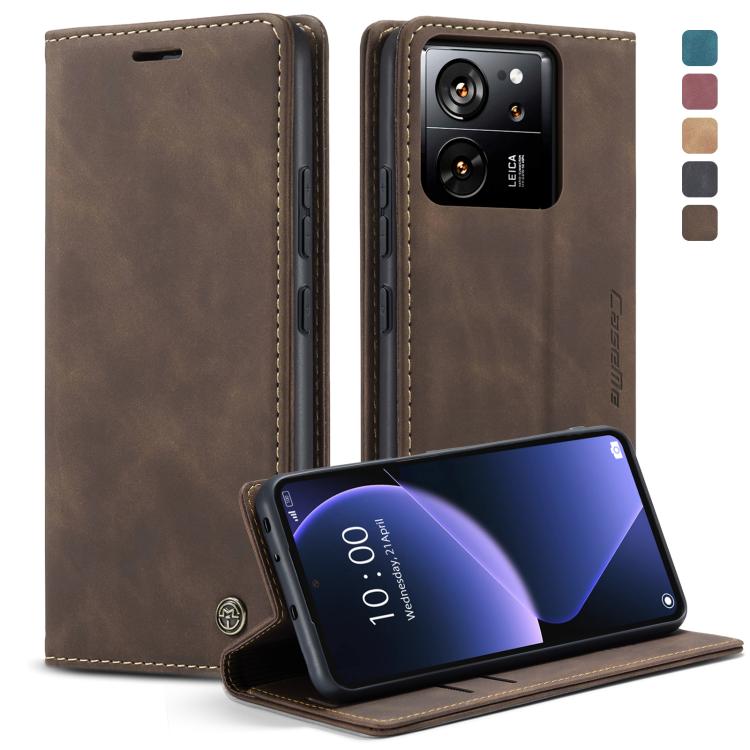 Coffee brown leather flip phone case with front cover, camera cutout, and stand