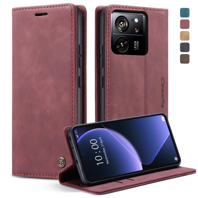 Wine red leather flip phone case with front cover, camera cutout, and stand