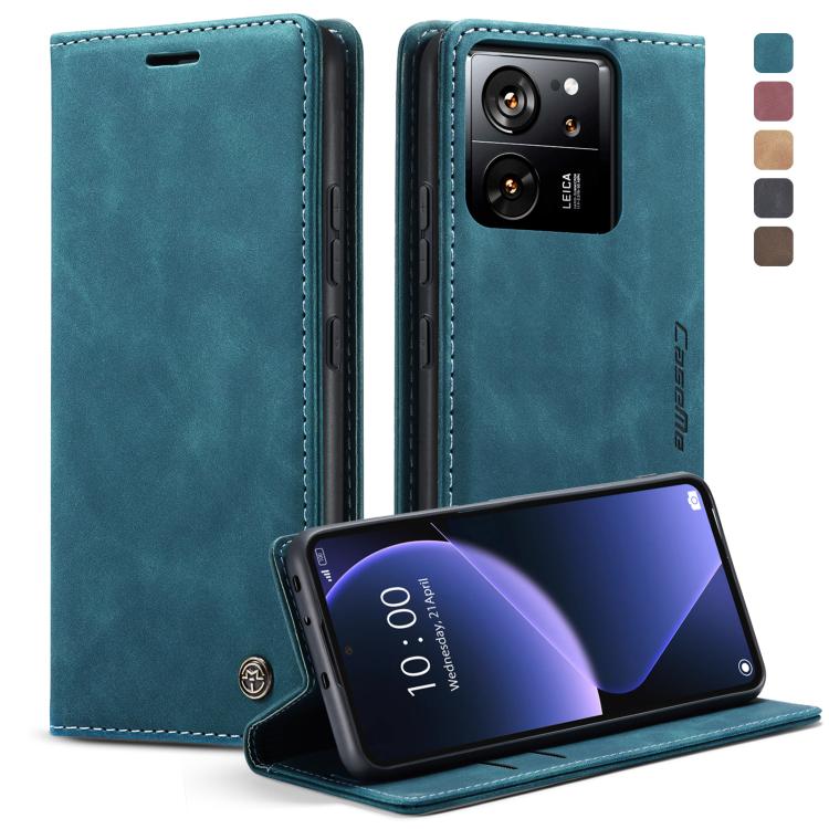 Blue leather flip phone case with front cover, camera cutout, and stand