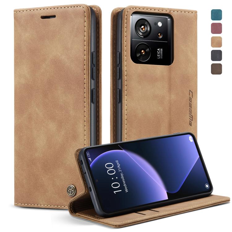 Tan brown leather flip phone case with front cover, camera cutout, and stand