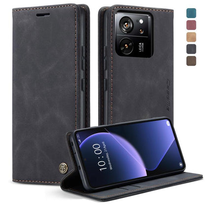 Black leather flip phone case with front cover, camera cutout, and stand