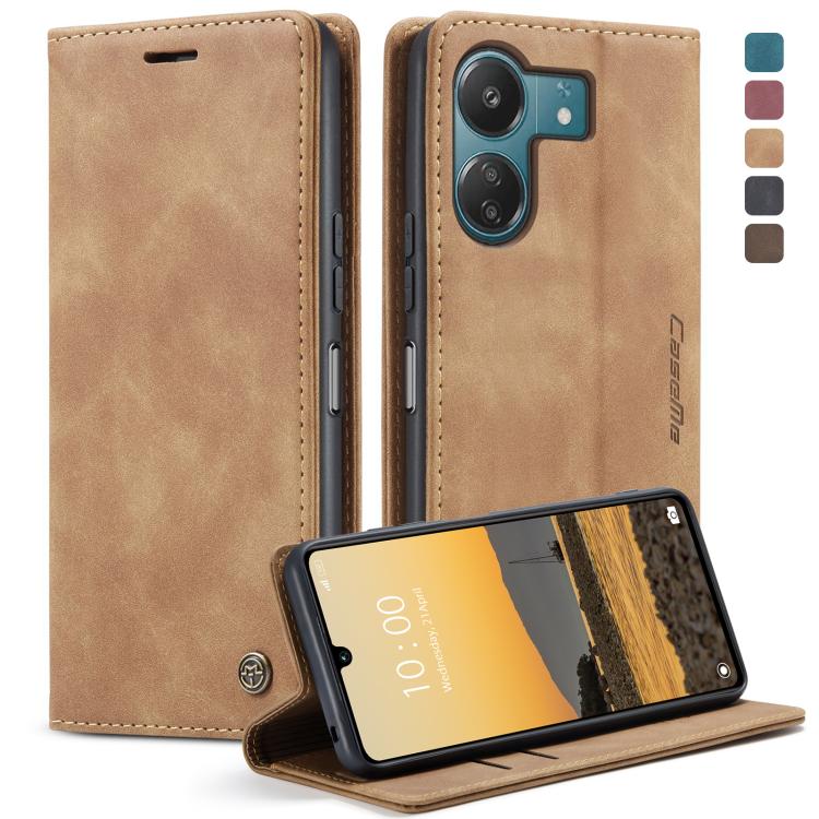 Light tan leather horizontal flip phone case with camera cutout and kickstand