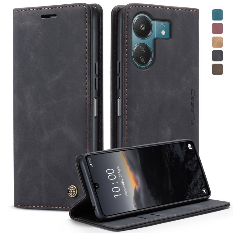 Black leather horizontal flip phone case with camera cutout and kickstand
