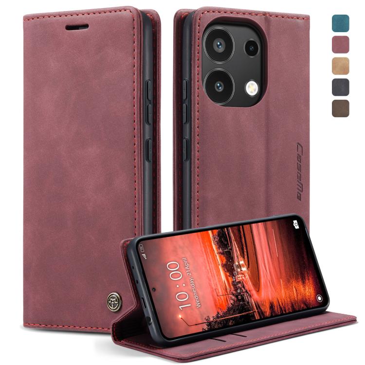 Wine pink leather horizontal flip phone case with camera cutout and kickstand