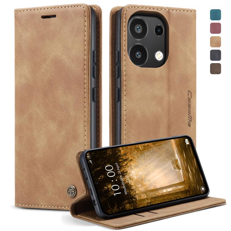 Tan leather horizontal flip phone case with camera cutout and kickstand