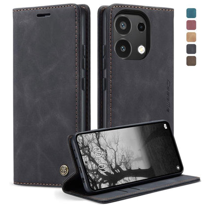 Dark gray leather horizontal flip phone case with camera cutout and kickstand