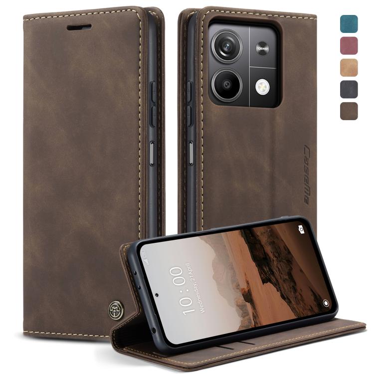 Coffee-brown leather flip phone case with card slot and kickstand view cover.