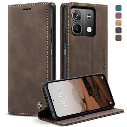 Coffee-brown leather flip phone case with card slot and kickstand view cover.