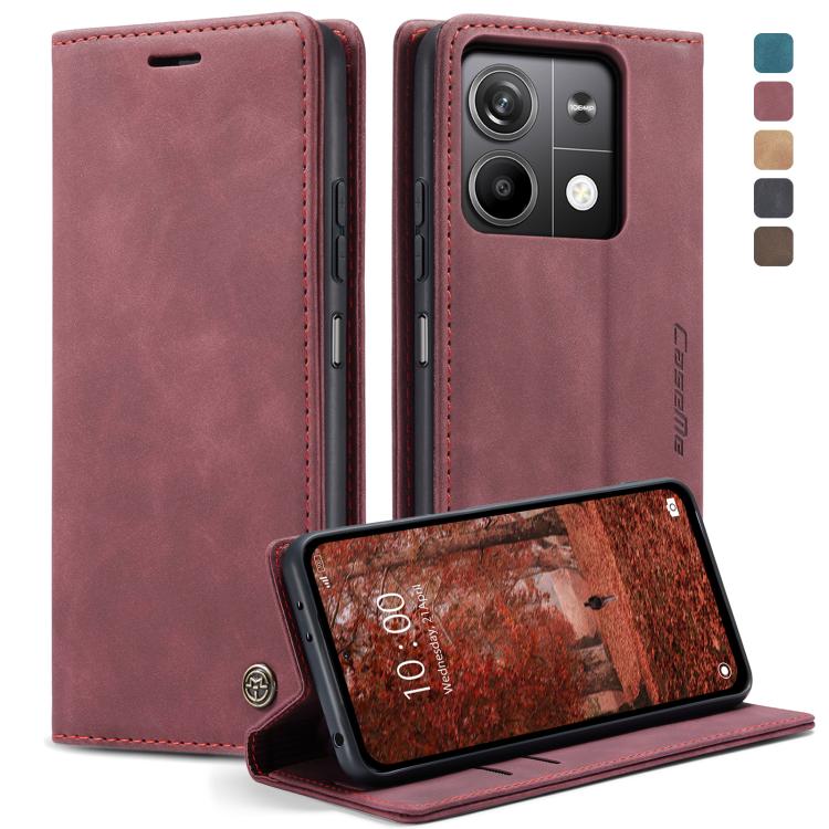 Wine-red leather flip phone case with card slot and kickstand view cover.