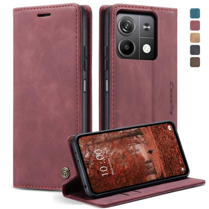 Wine-red leather flip phone case with card slot and kickstand view cover.