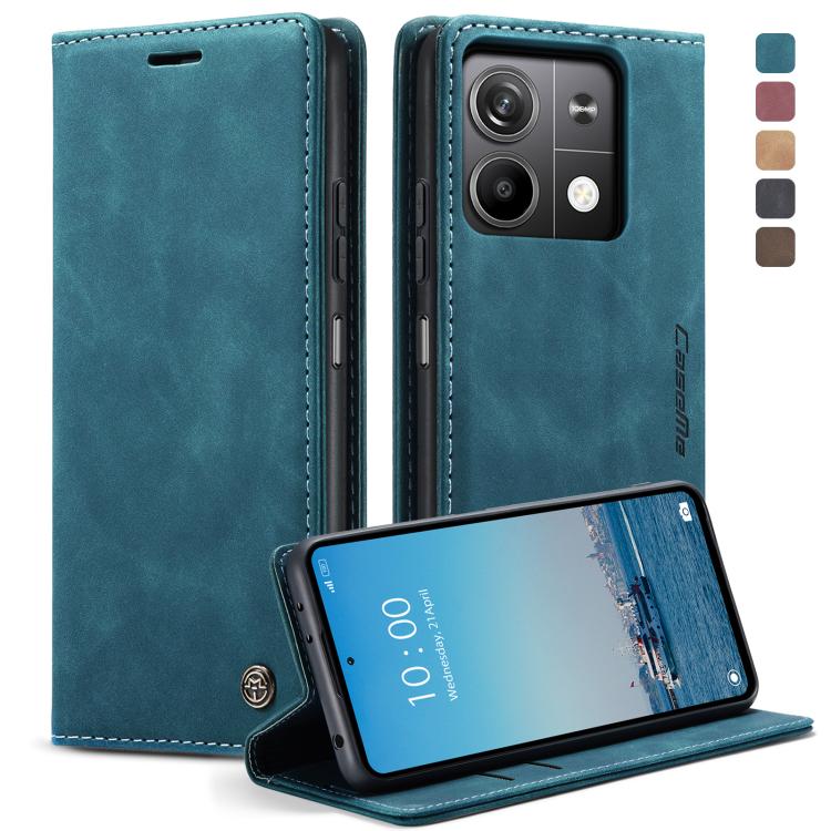 Blue leather flip phone case with card slot and kickstand view cover.