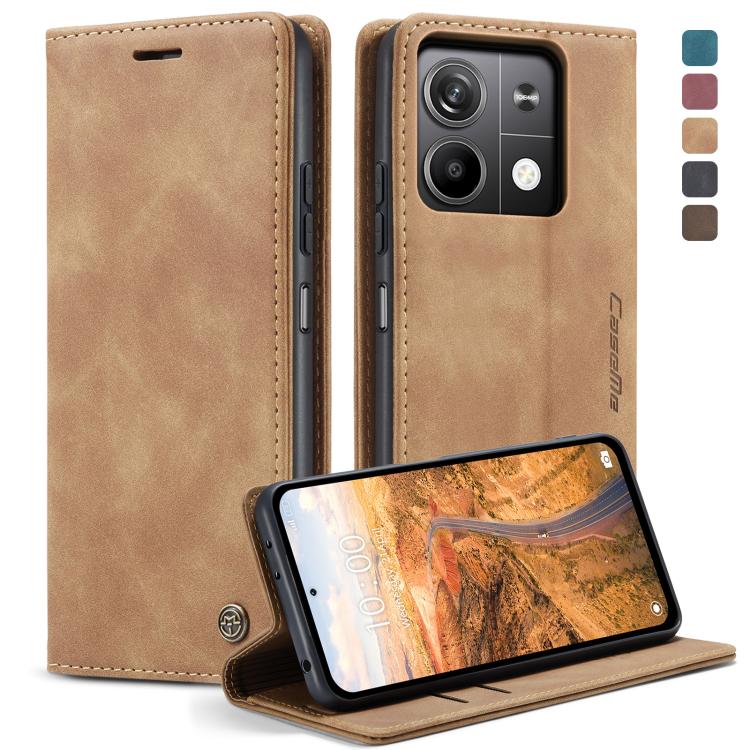 Tan leather flip phone case with card slot and kickstand view cover.