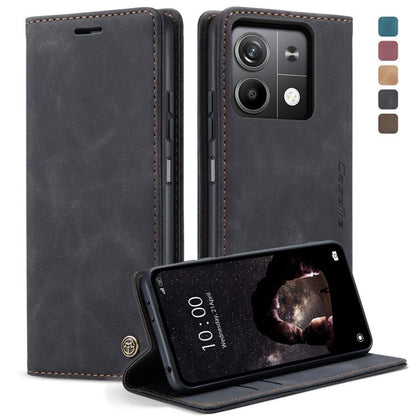 Black leather flip phone case with card slot and kickstand view cover.