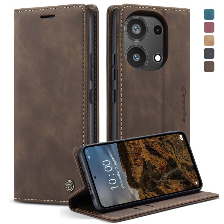 Coffee brown leather phone case with horizontal flip and built-in stand support