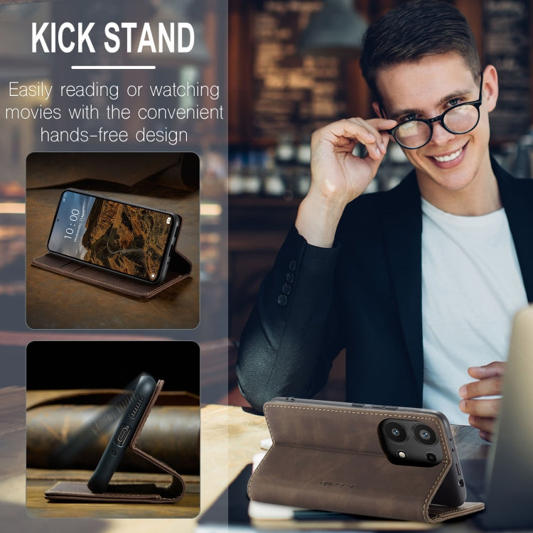 Brown leather horizontal flip phone case with kickstand view and angled front