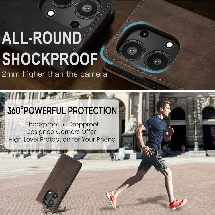 Brown leather phone case with reinforced camera cutout and raised protective edges