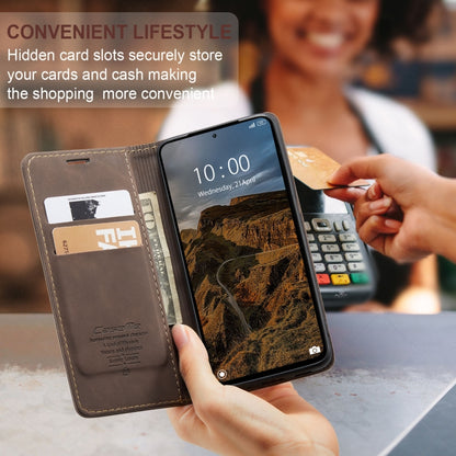 Brown leather wallet phone case with card slots and cash compartment, open view