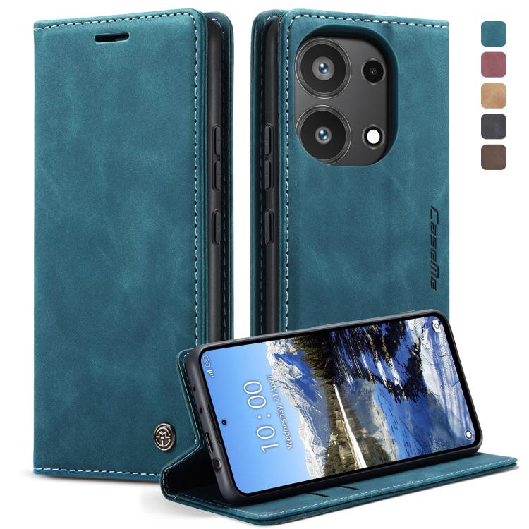 Teal blue leather phone case with horizontal flip and built-in stand