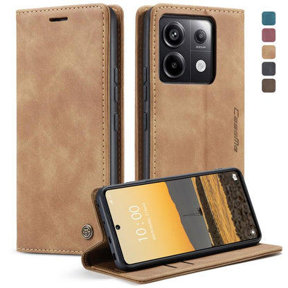 Tan leather horizontal flip phone case with stand and card slots