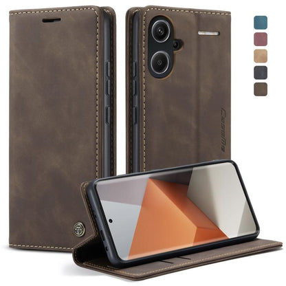 Brown leather flip phone case with card slot and kickstand view cover.