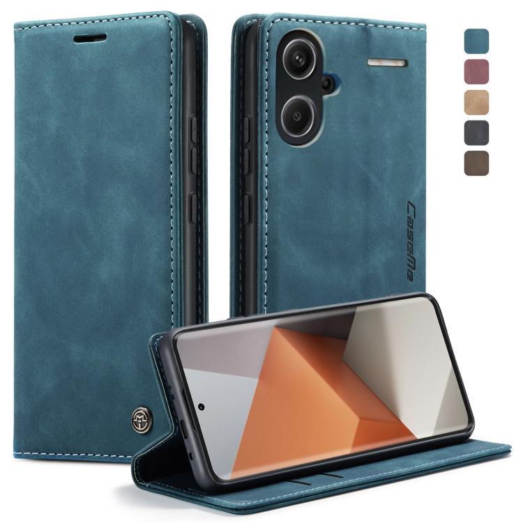 Teal blue leather flip phone case with card slot and kickstand view cover.