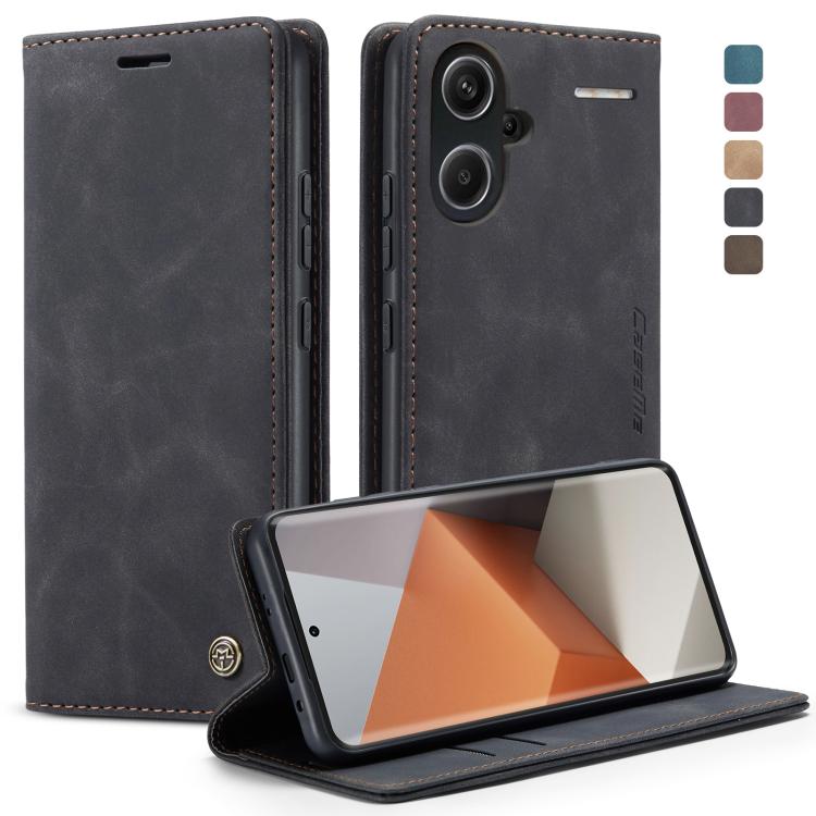 Dark gray leather flip phone case with card slot and kickstand view cover.
