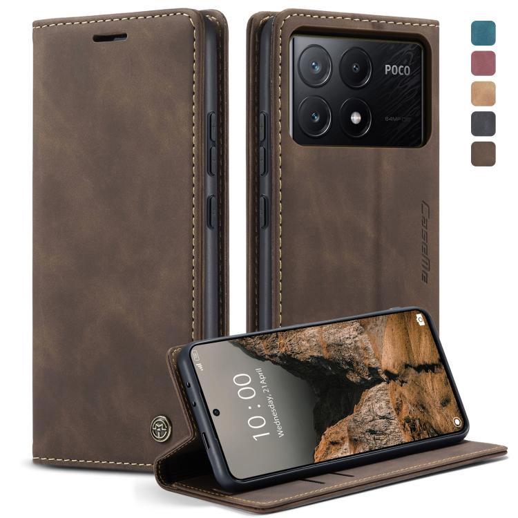Brown leather flip phone case with side cutouts and stand viewing angle