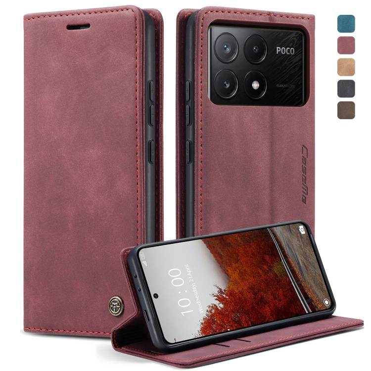 Wine red leather flip phone case with stitched edges and stand for viewing