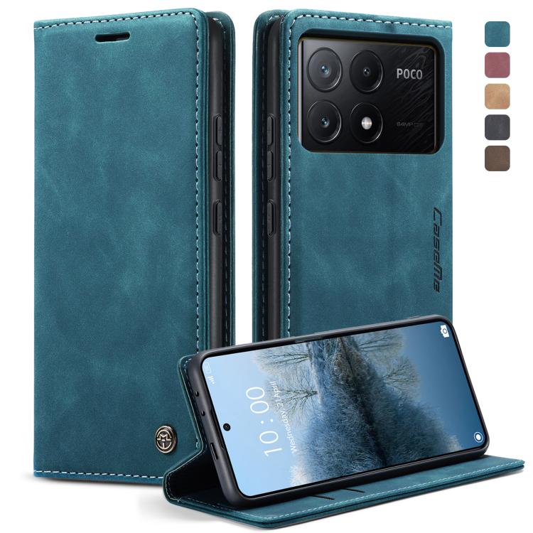 Blue leather flip phone case with stitched trim and stand for horizontal viewing