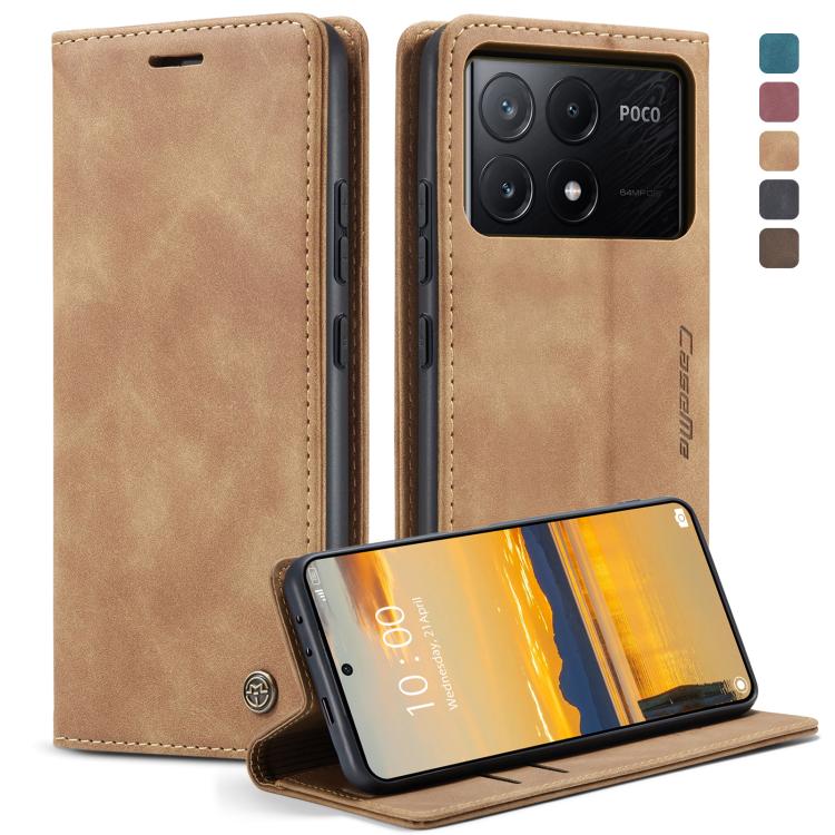 Tan leather flip phone case with stitched seam and kickstand for viewing