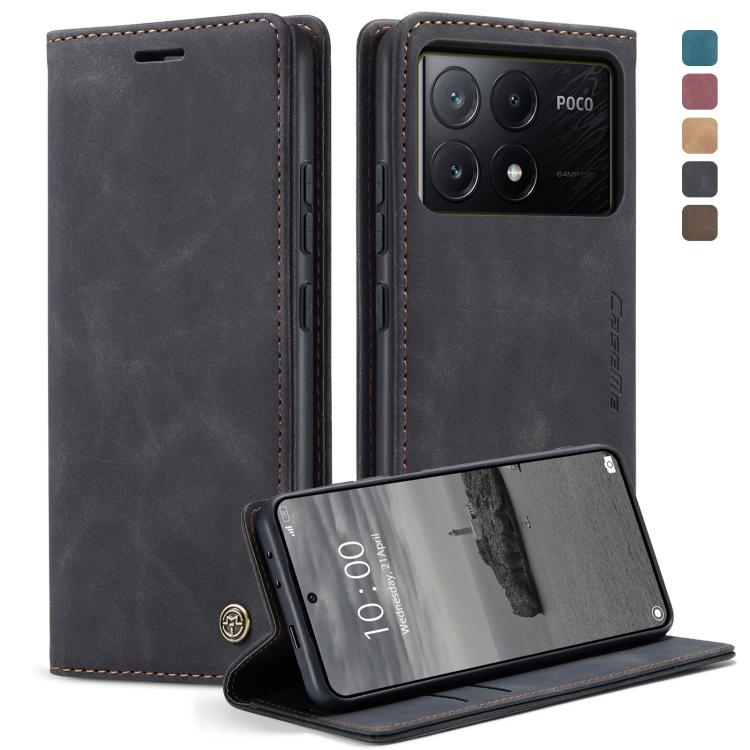 Black leather flip phone case with stitched trim and fold-out stand