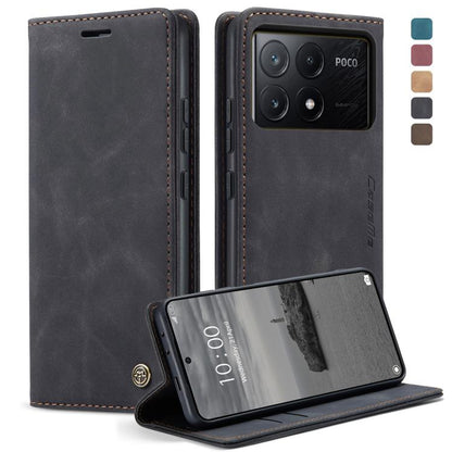 Black leather flip phone case with stitched trim and fold-out stand