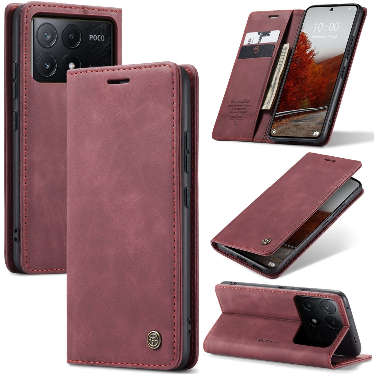 Burgundy red leather flip phone case with stitched edges and fold-out stand