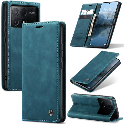 Teal blue leather flip phone case with stitched trim and stand viewing