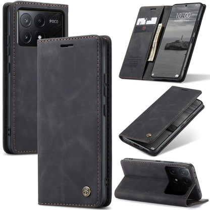 Dark gray leather flip phone case with stitched trim and fold-out stand
