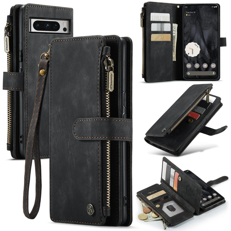Black leather multifunction phone case with card slots, zipper compartment, and wrist strap