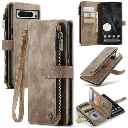 Brown leather multifunction phone case with card slots, zipper compartment, and wrist strap