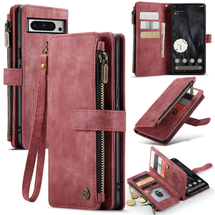 Red leather multifunction phone case with card slots, zipper compartment, and wrist strap
