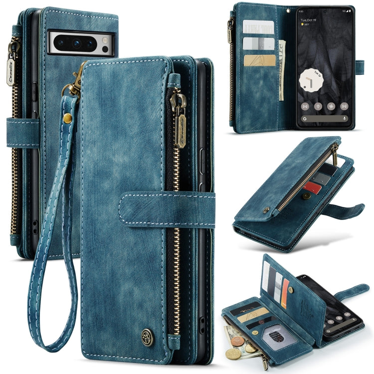 Blue leather multifunction phone case with card slots, zipper compartment, and wrist strap