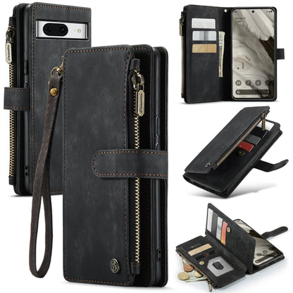 Black leather multifunction phone case with card slots, zipper compartment, and wrist strap