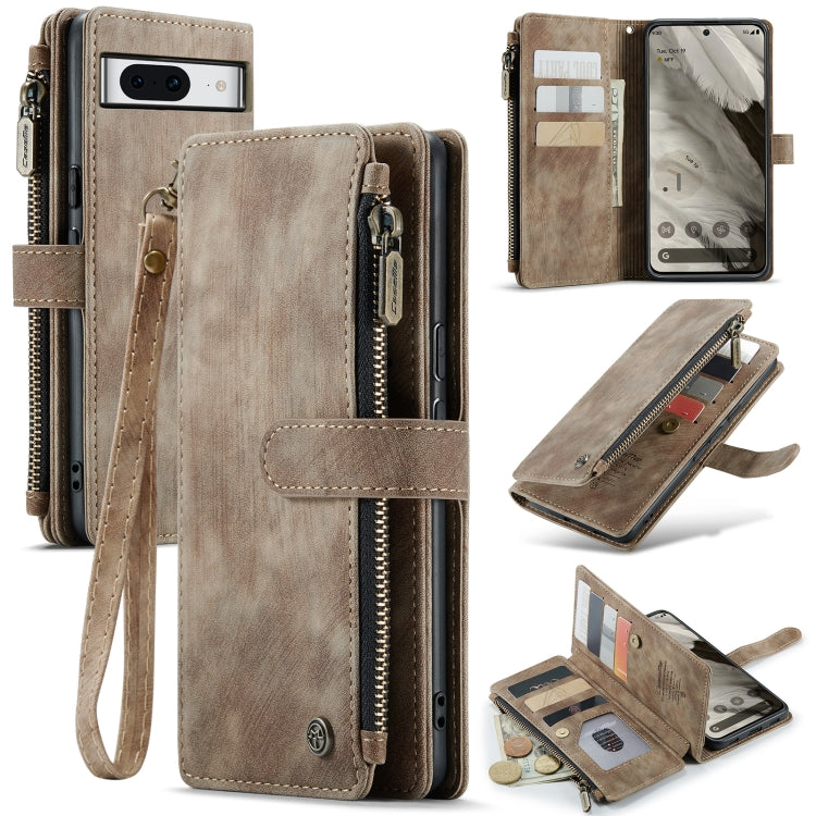 Brown leather multifunction phone case with card slots, zipper compartment, and wrist strap