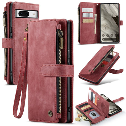 Red leather multifunction phone case with card slots, zipper compartment, and wrist strap