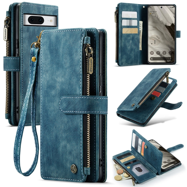 Blue leather multifunction phone case with card slots, zipper compartment, and wrist strap