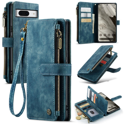 Blue leather multifunction phone case with card slots, zipper compartment, and wrist strap