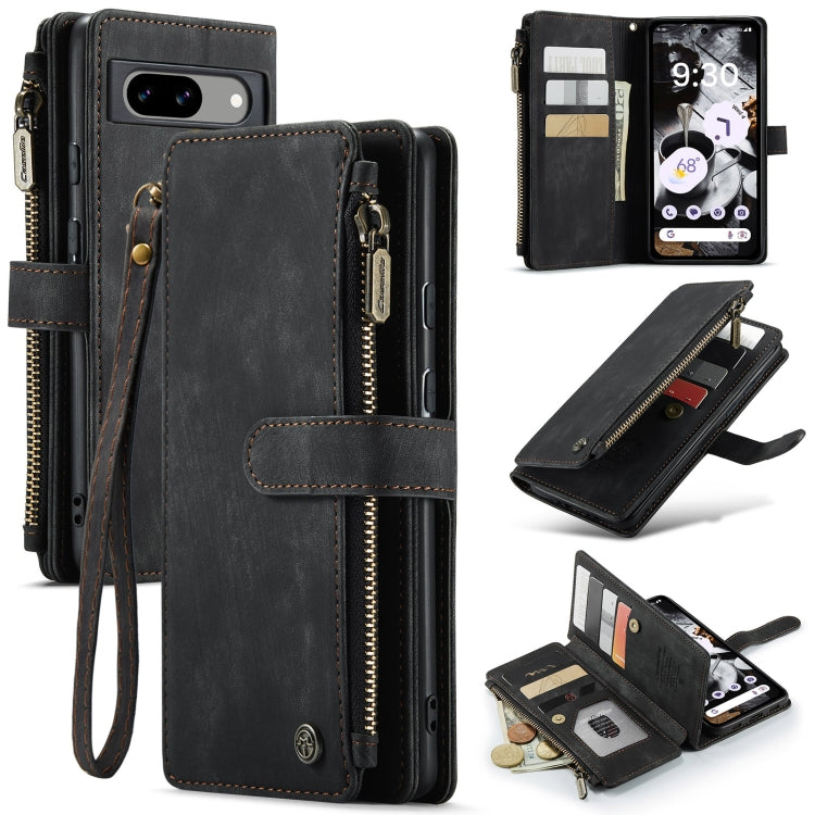 Black leather multifunction phone wallet case with wrist strap and zipper pocket detail